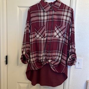 Burgundy plaid button-down blouse with waffle-knot back and roll-tan sleeves